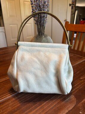 Vintage Roger Van S White Leather Brass Handle Handbag